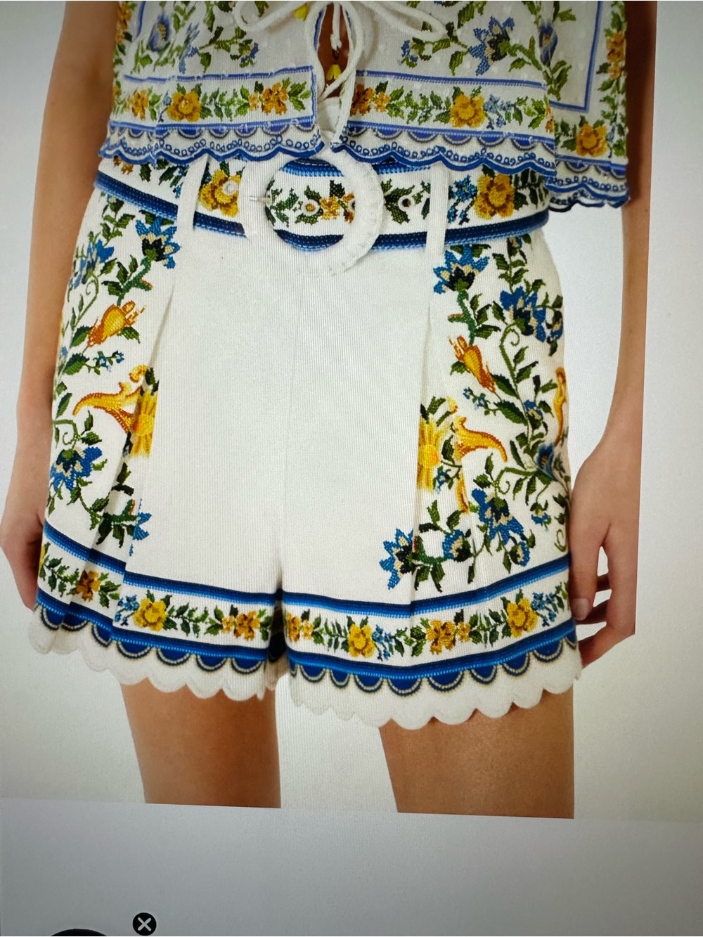 FARM Rio White Embroidered Scallop-Hem Shorts with Blue & Yellow Floral Trim